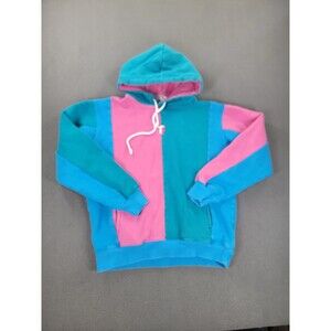 Teddy Fresh Hoodie Mens Medium Pink Blue Teal Colorblock Pullover Fleece TF Logo